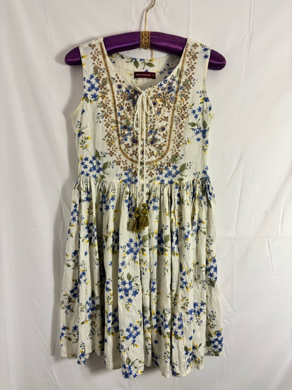 Cream Floral Embroidered Tassle Boho Renfair Sleeveless Mini Dress Size S-M